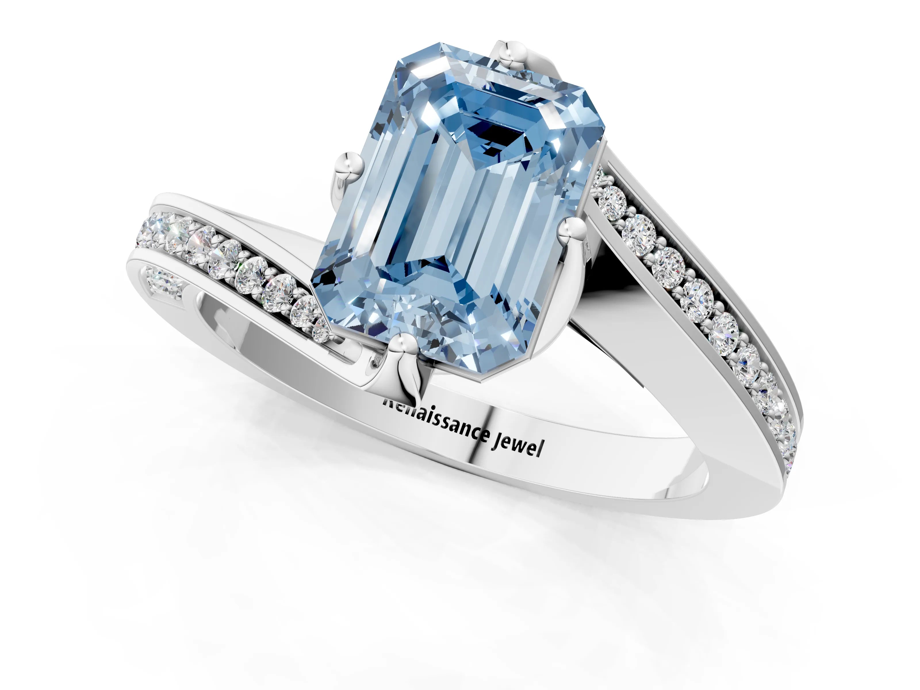 White gold Fancy Blue Emerald Cut Solitaire Diamond Twist Band with Pavé Setting and Four-Prong Setting_1