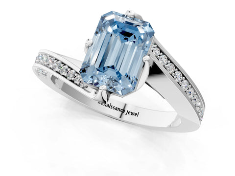 White gold Fancy Blue Emerald Cut Solitaire Diamond Twist Band with Pavé Setting and Four-Prong Setting_1