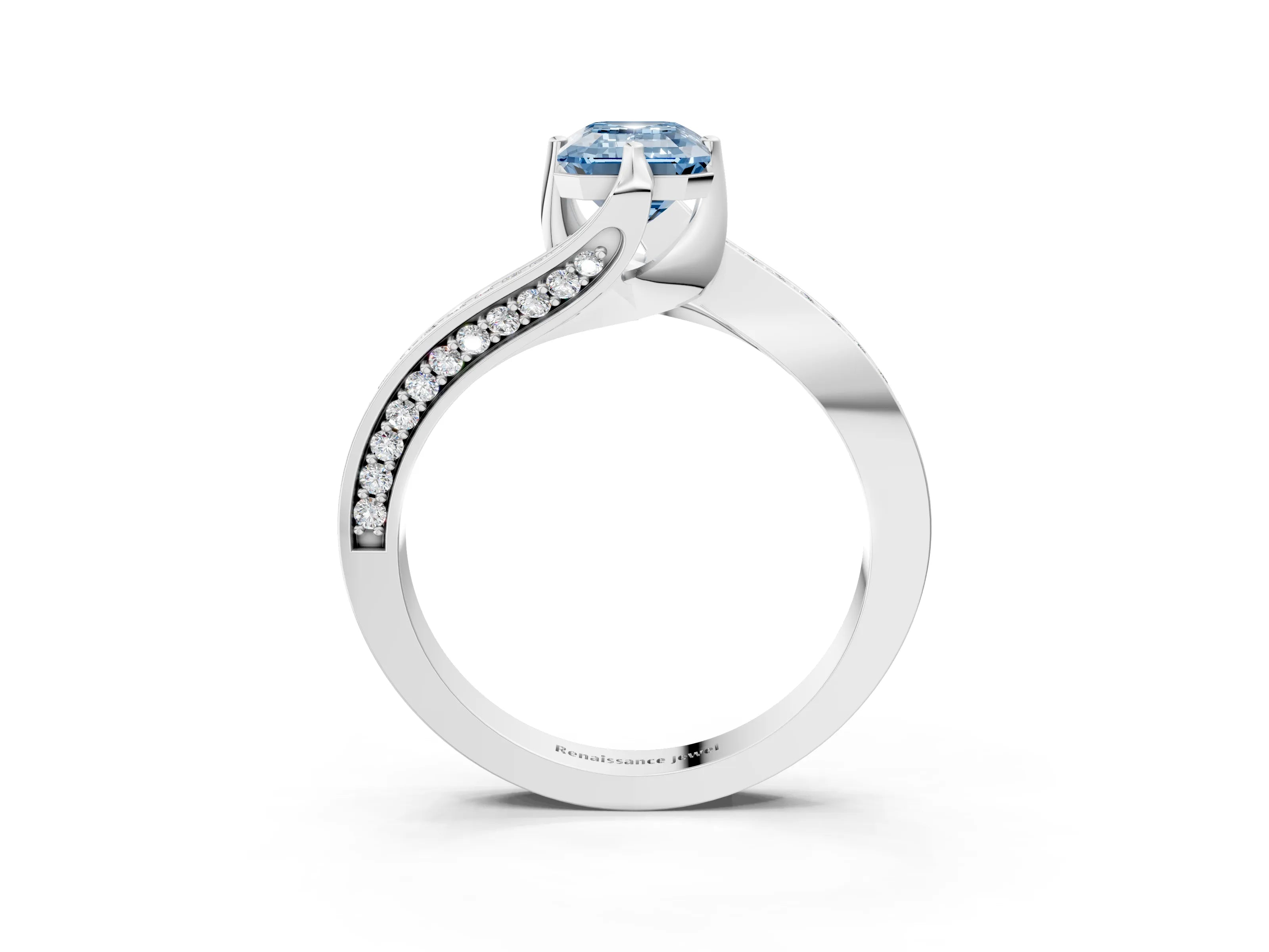 White gold Fancy Blue Emerald Cut Solitaire Diamond Twist Band with Pavé Setting and Four-Prong Setting_3