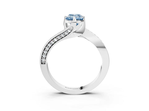 White gold Fancy Blue Emerald Cut Solitaire Diamond Twist Band with Pavé Setting and Four-Prong Setting_3