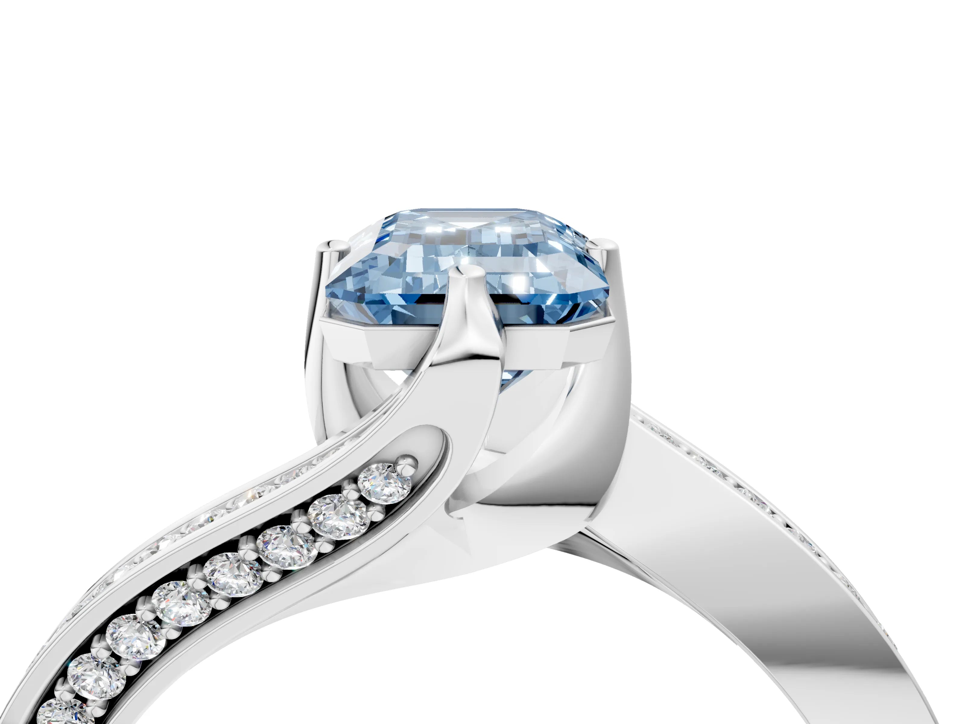 White gold Fancy Blue Emerald Cut Solitaire Diamond Twist Band with Pavé Setting and Four-Prong Setting_4