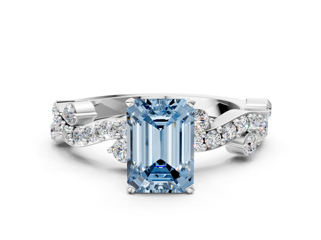 White gold Fancy Blue Emerald  Cut Solitaire Diamond Twisted Band with Pave Setting_64