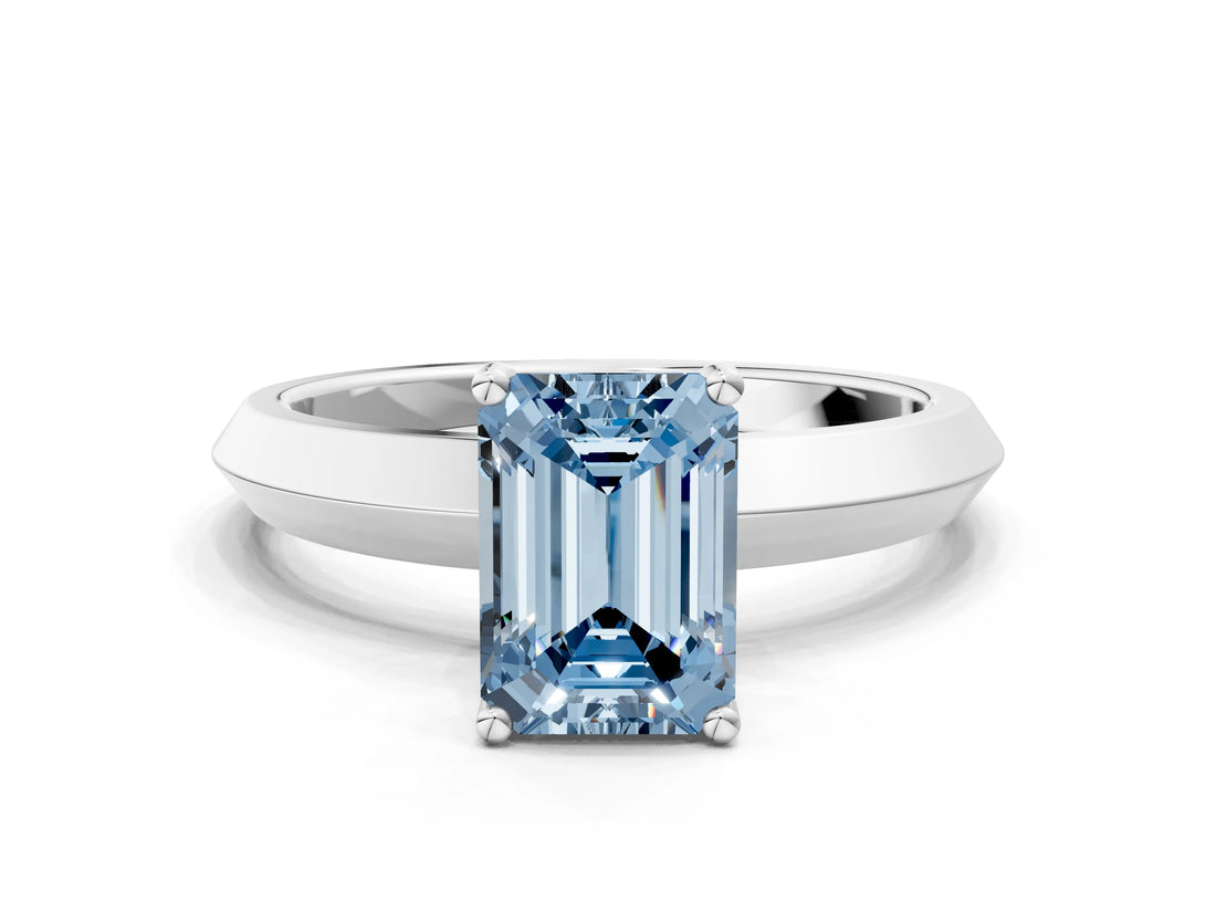 White gold Fancy Blue Emerald  Cut Solitaire Engagement Ring with Flat Band and Four-Prong Setting