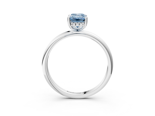 Platinum Fancy Blue Emerald  Cut Solitaire Engagement Ring with Four-Prong Setting and Classic Band