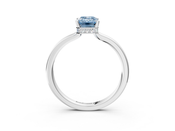 Platinum Fancy Blue Emerald  Cut Solitaire Engagement Ring with Four-Prong Setting on a Classic Band