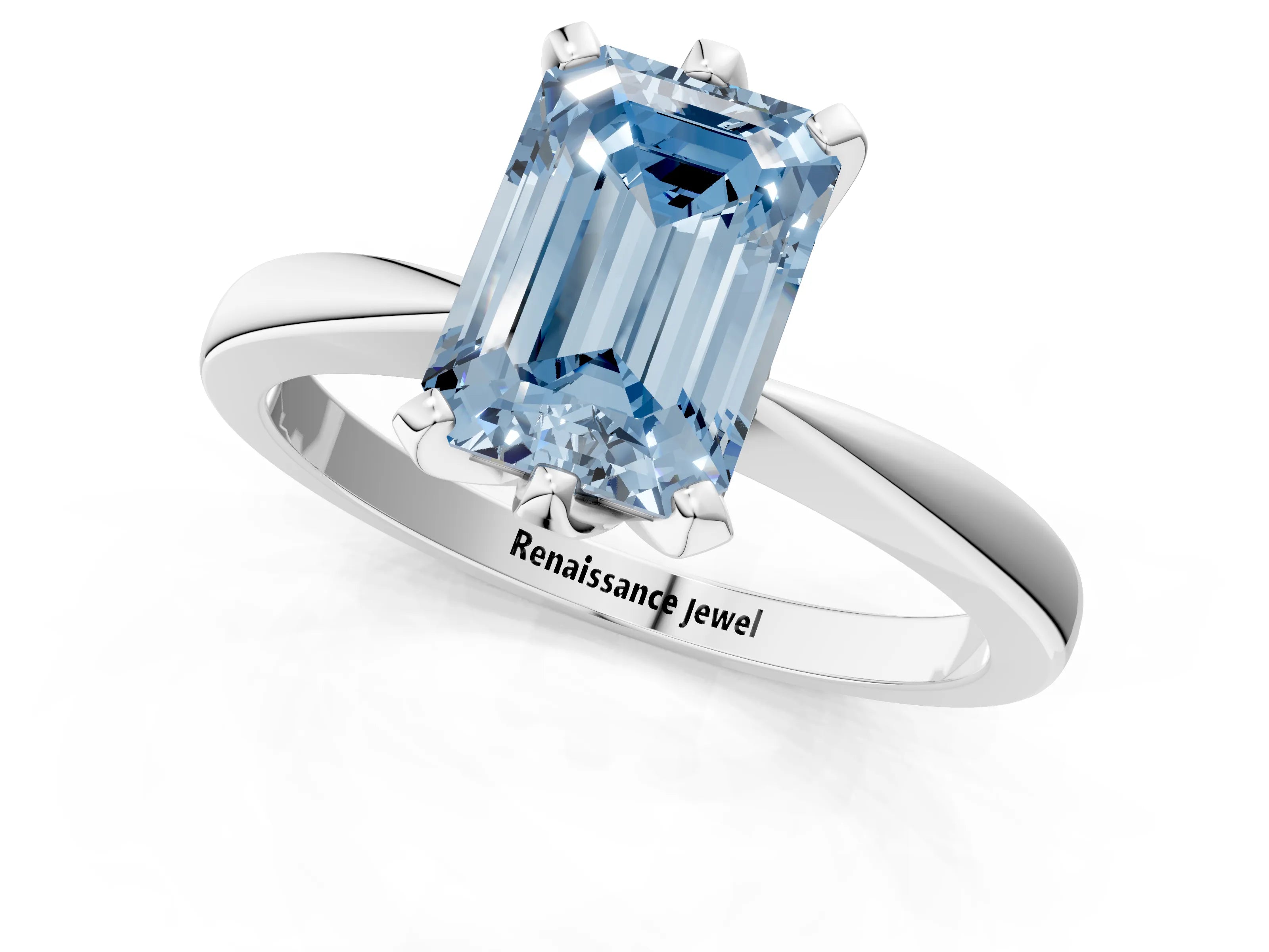 White gold Fancy Blue Emerald Cut Solitaire Engagement Ring with Six-Prong Setting and Tapered Band_1
