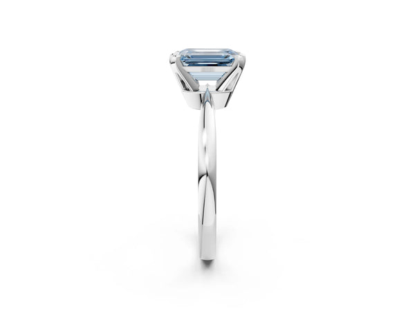 Platinum Fancy Blue Emerald Cut Solitaire Engagement Ring with Six-Prong Setting and Tapered Band