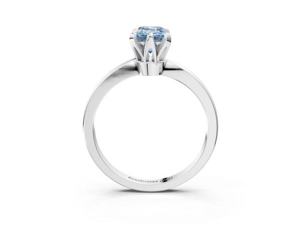 Platinum Fancy Blue Emerald Cut Solitaire Engagement Ring with Six-Prong Setting and Tapered Band