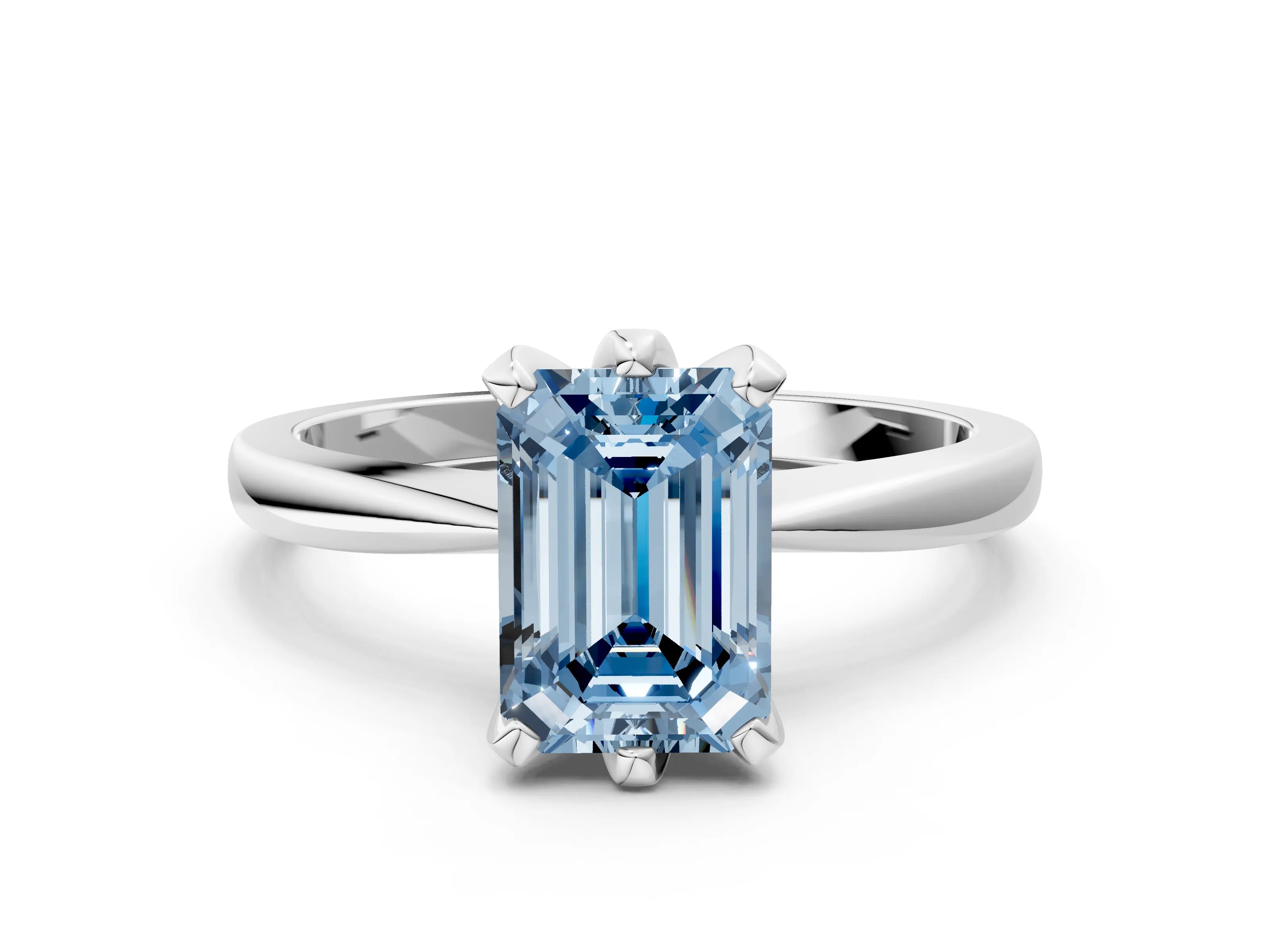 White gold Fancy Blue Emerald Cut Solitaire Engagement Ring with Six-Prong Setting and Tapered Band
