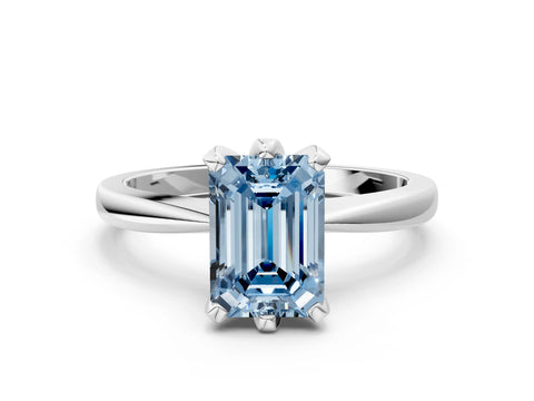 White gold Fancy Blue Emerald Cut Solitaire Engagement Ring with Six-Prong Setting and Tapered Band