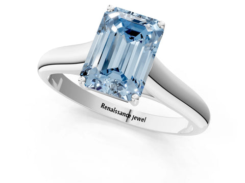 White gold Fancy Blue Emerald Cut Solitaire Engagement Ring with Tapered Band and Four-Prong Setting_16
