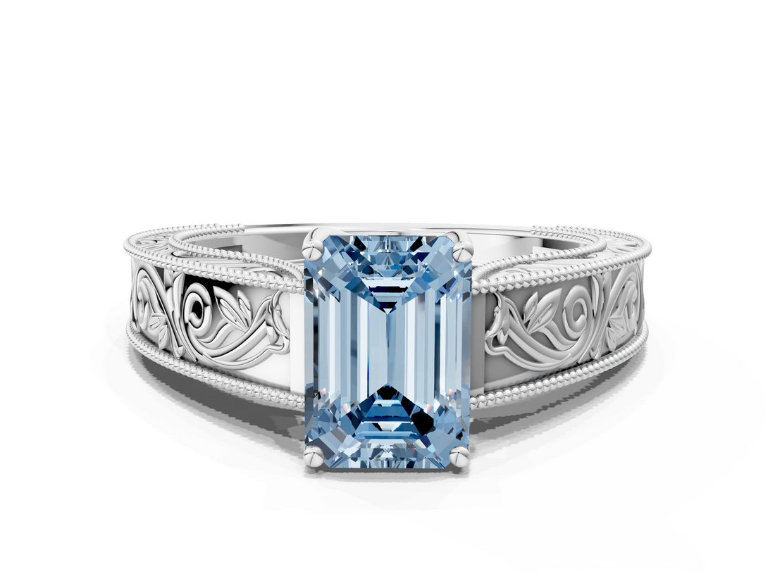 White gold Fancy Blue Emerald  Cut Solitaire Engraved Band with Four-Prong Setting_79