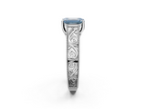 White gold Fancy Blue Emerald  Cut Solitaire Engraved Band with Four-Prong Setting_81