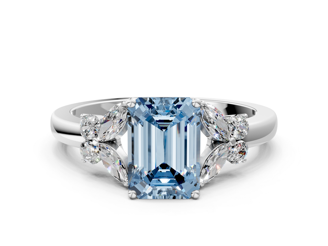 White gold Fancy Blue Emerald  Cut Solitaire Floral Diamond Ring with Four-Prong Setting_37