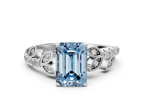 White gold Fancy Blue Emerald Cut Solitaire Leaf-Inspired Diamond Ring with Pavé Band and Four-Prong Setting_12