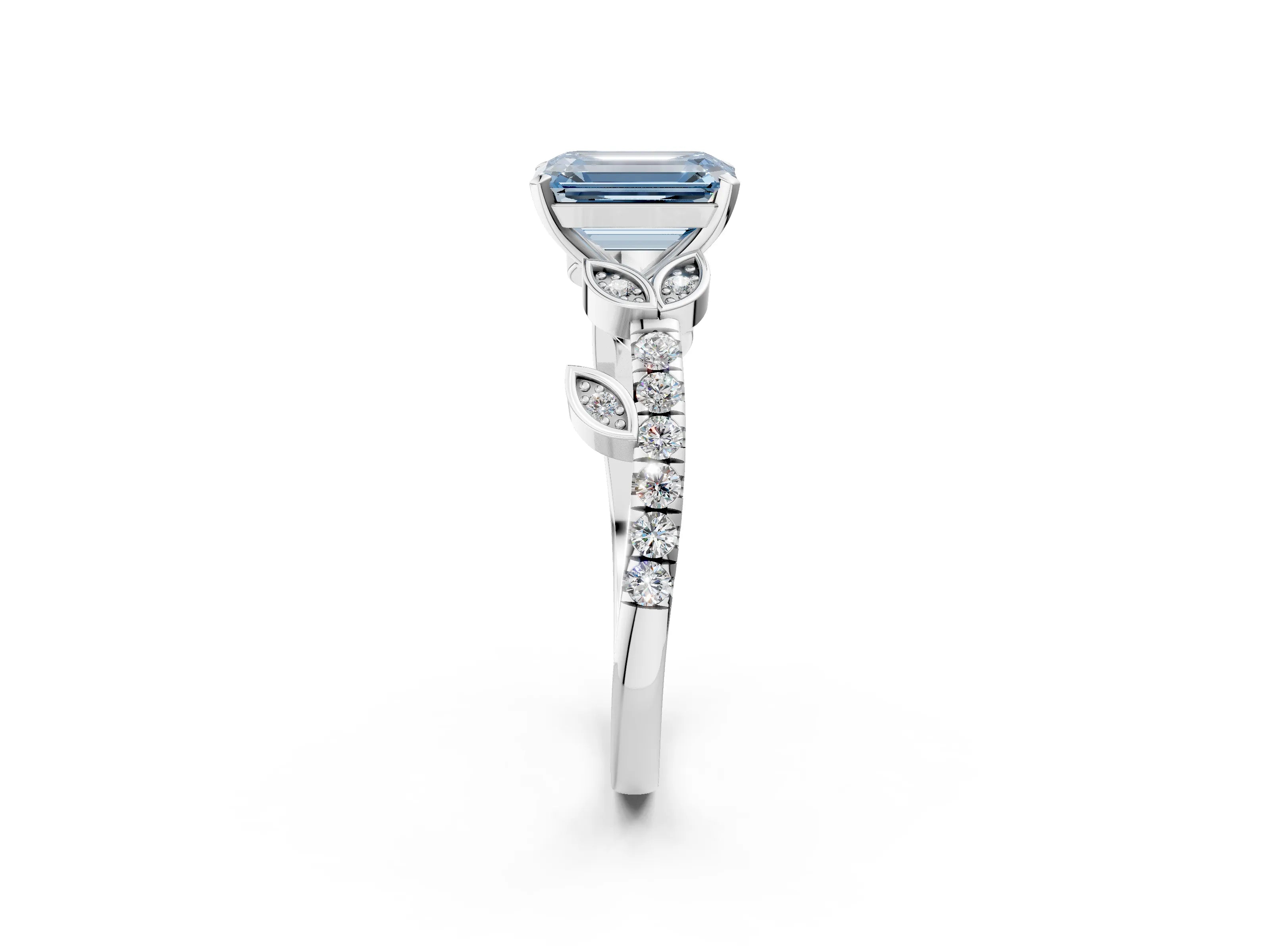White gold Fancy Blue Emerald Cut Solitaire Leaf-Inspired Diamond Ring with Pavé Band and Four-Prong Setting_14