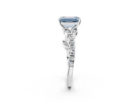 White gold Fancy Blue Emerald Cut Solitaire Leaf-Inspired Diamond Ring with Pavé Band and Four-Prong Setting_14