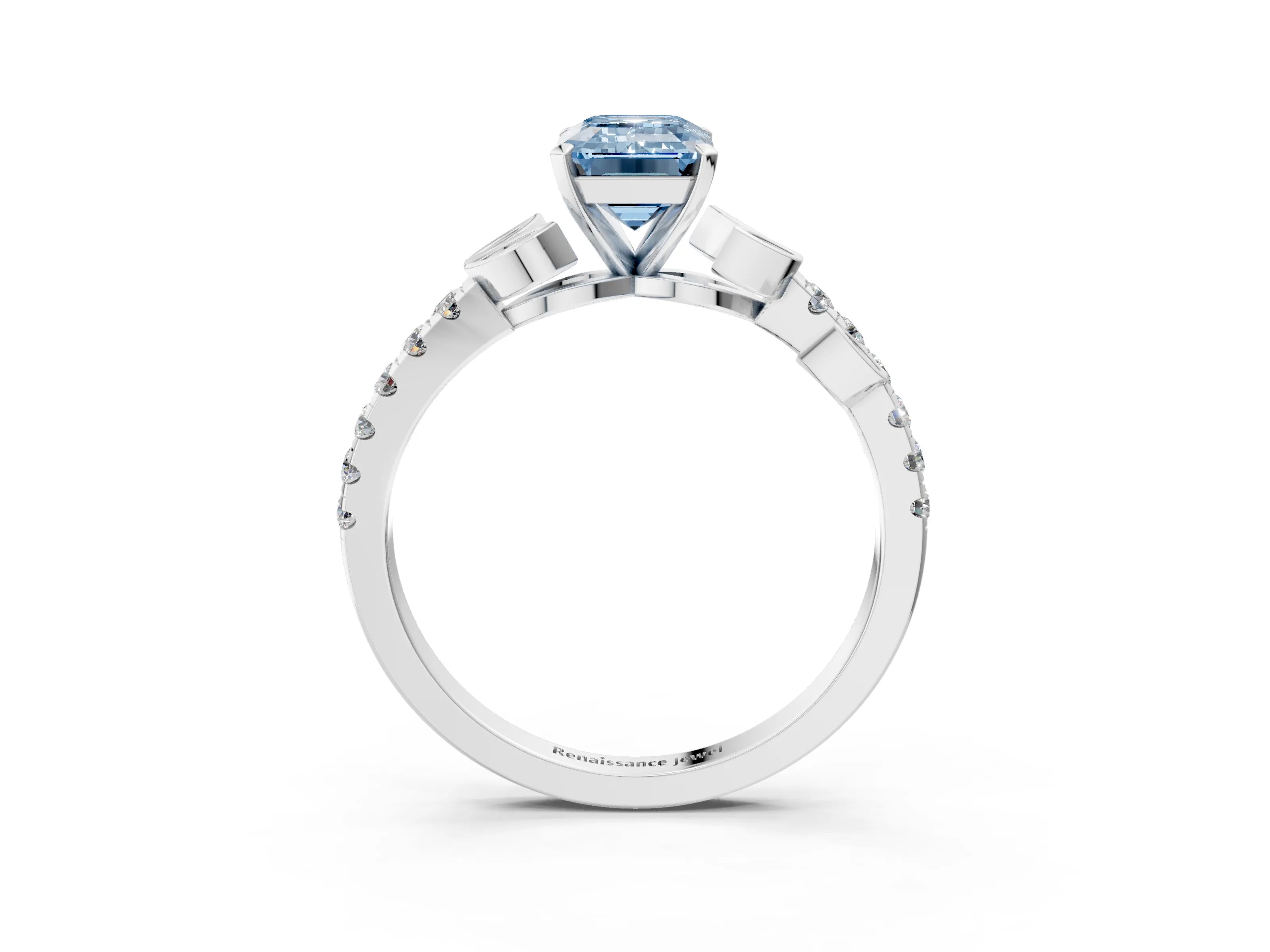 White gold Fancy Blue Emerald Cut Solitaire Leaf-Inspired Diamond Ring with Pavé Band and Four-Prong Setting_15