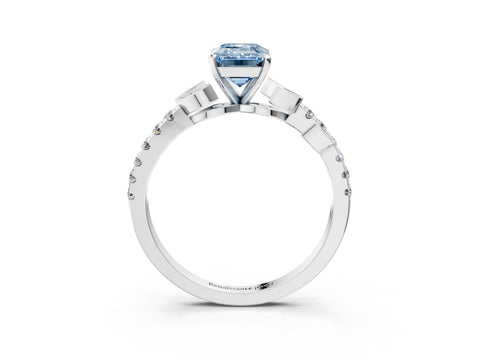 White gold Fancy Blue Emerald Cut Solitaire Leaf-Inspired Diamond Ring with Pavé Band and Four-Prong Setting_15