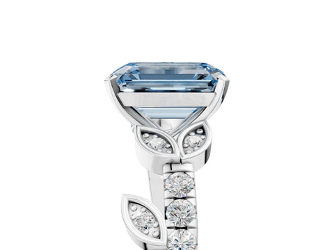 White gold Fancy Blue Emerald Cut Solitaire Leaf-Inspired Diamond Ring with Pavé Band and Four-Prong Setting_17