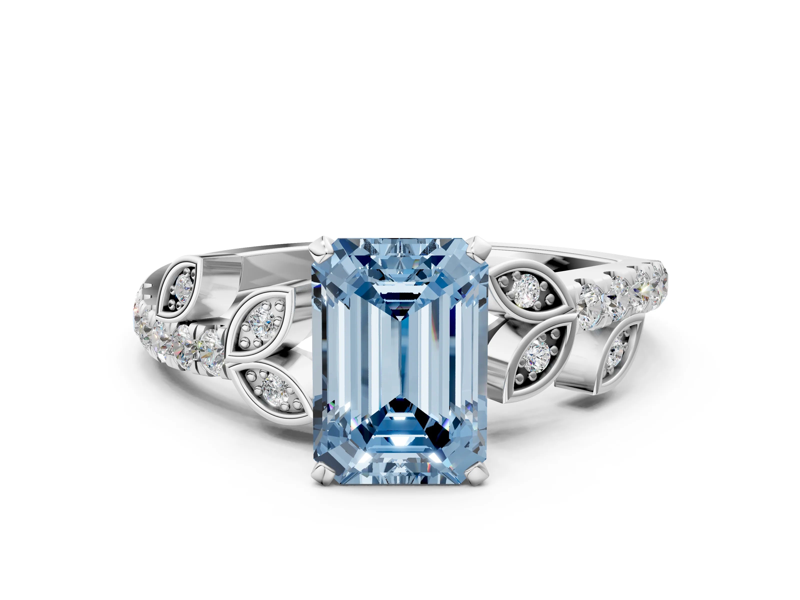 White gold Fancy Blue Emerald Cut Solitaire Leaf-Inspired Diamond Ring with Pavé Band and Four-Prong Setting_24