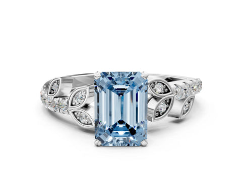 White gold Fancy Blue Emerald Cut Solitaire Leaf-Inspired Diamond Ring with Pavé Band and Four-Prong Setting_24