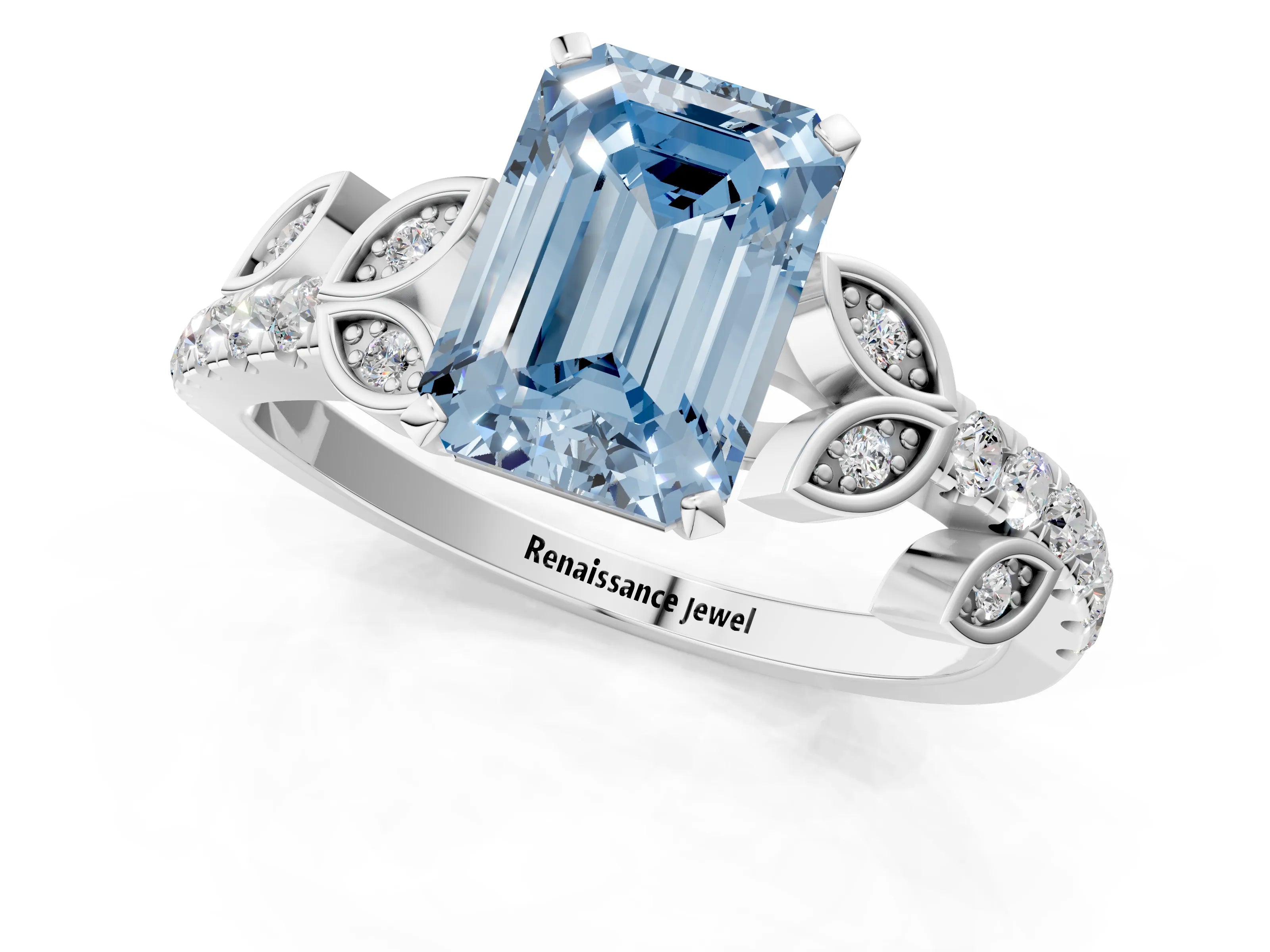 White gold Fancy Blue Emerald Cut Solitaire Leaf-Inspired Diamond Ring with Pavé Band and Four-Prong Setting_25