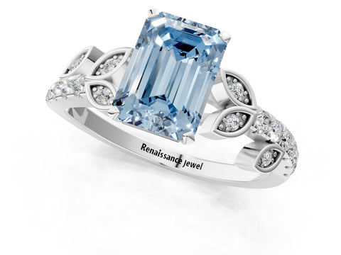 White gold Fancy Blue Emerald Cut Solitaire Leaf-Inspired Diamond Ring with Pavé Band and Four-Prong Setting_25