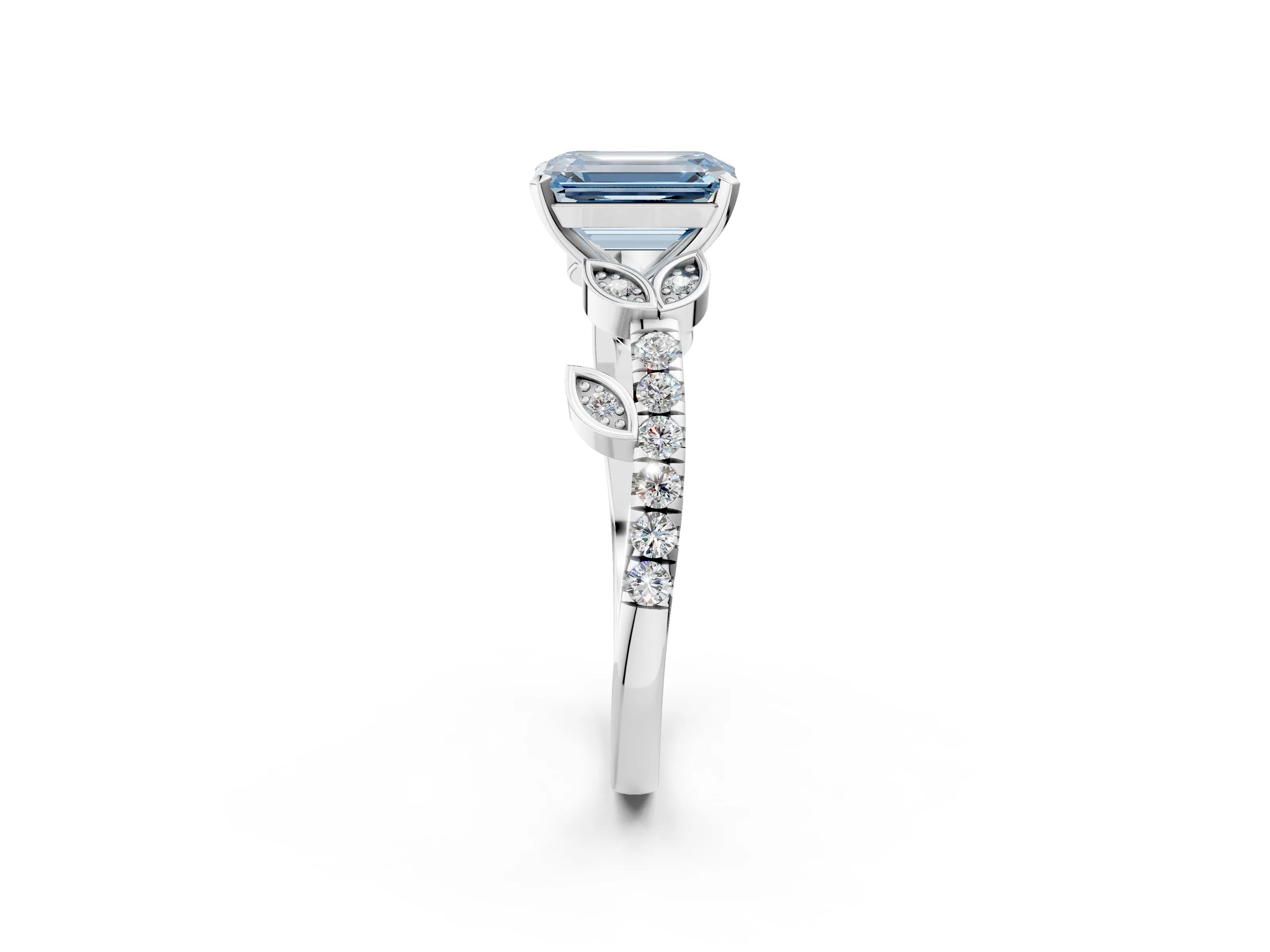 White gold Fancy Blue Emerald Cut Solitaire Leaf-Inspired Diamond Ring with Pavé Band and Four-Prong Setting_26