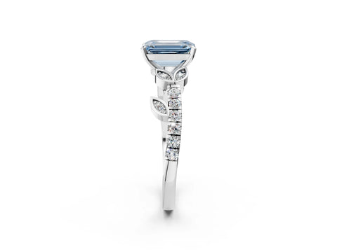 White gold Fancy Blue Emerald Cut Solitaire Leaf-Inspired Diamond Ring with Pavé Band and Four-Prong Setting_26