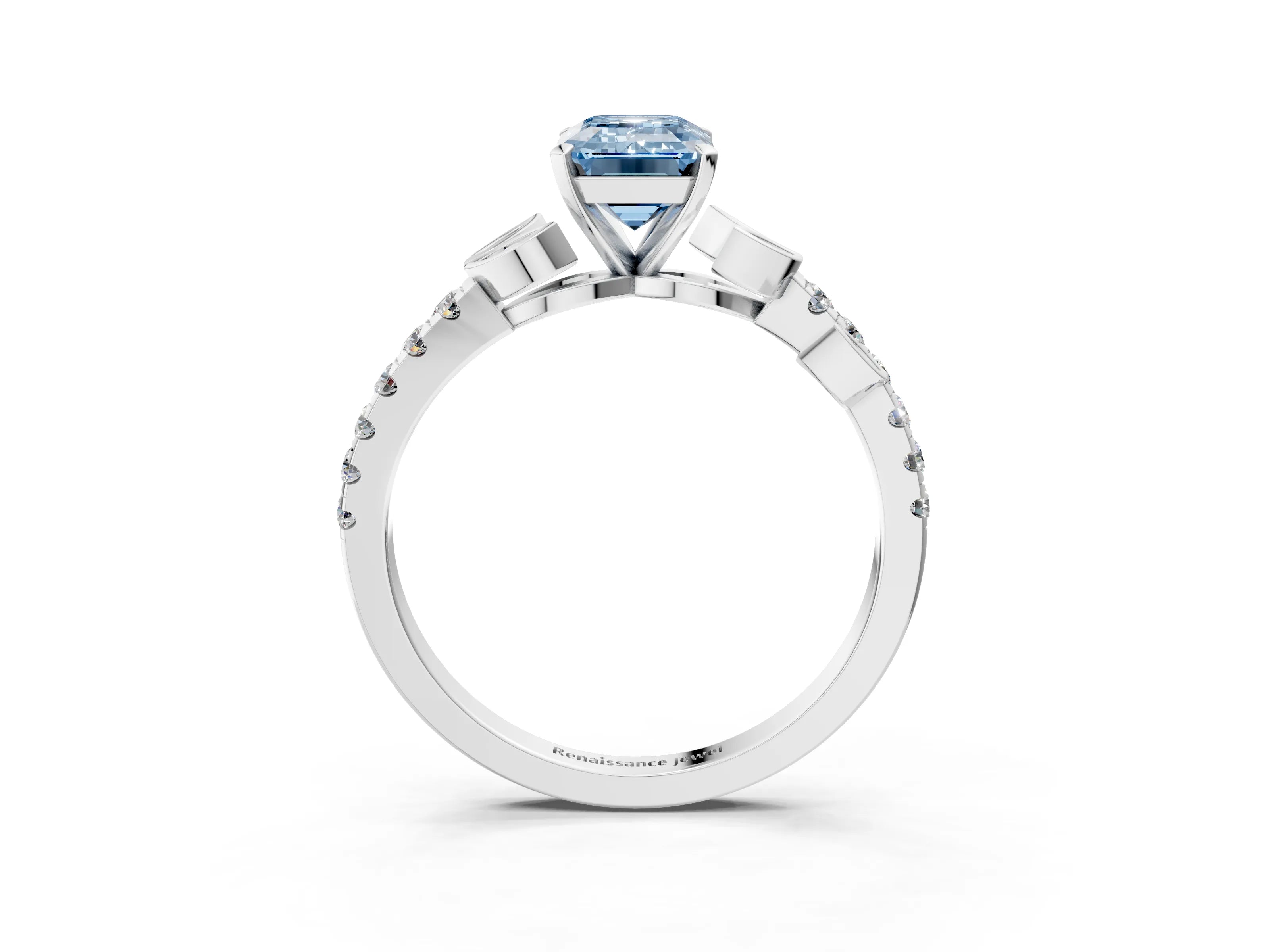 White gold Fancy Blue Emerald Cut Solitaire Leaf-Inspired Diamond Ring with Pavé Band and Four-Prong Setting_27