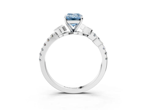 White gold Fancy Blue Emerald Cut Solitaire Leaf-Inspired Diamond Ring with Pavé Band and Four-Prong Setting_27