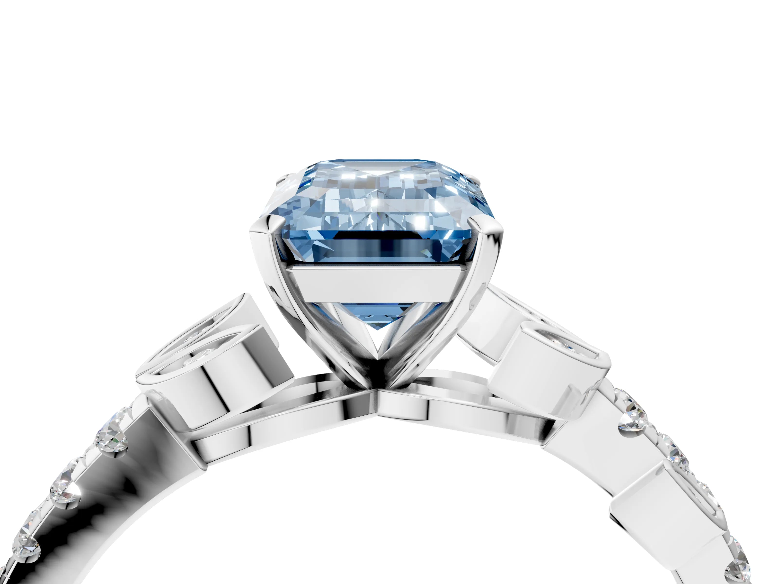 White gold Fancy Blue Emerald Cut Solitaire Leaf-Inspired Diamond Ring with Pavé Band and Four-Prong Setting_28