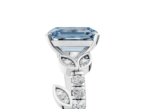 White gold Fancy Blue Emerald Cut Solitaire Leaf-Inspired Diamond Ring with Pavé Band and Four-Prong Setting_29