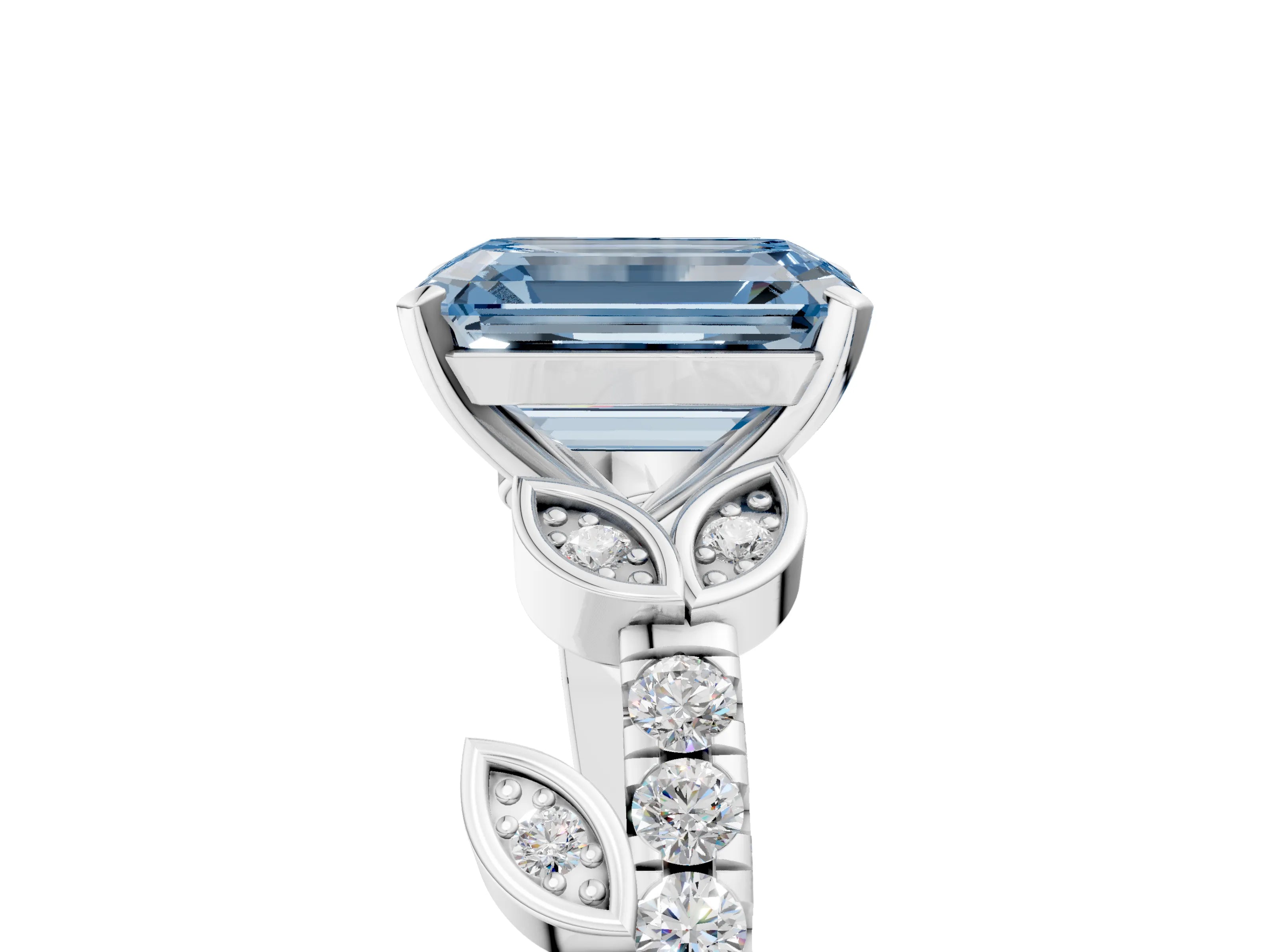 White gold Fancy Blue Emerald Cut Solitaire Leaf-Inspired Diamond Ring with Pavé Band and Four-Prong Setting_29