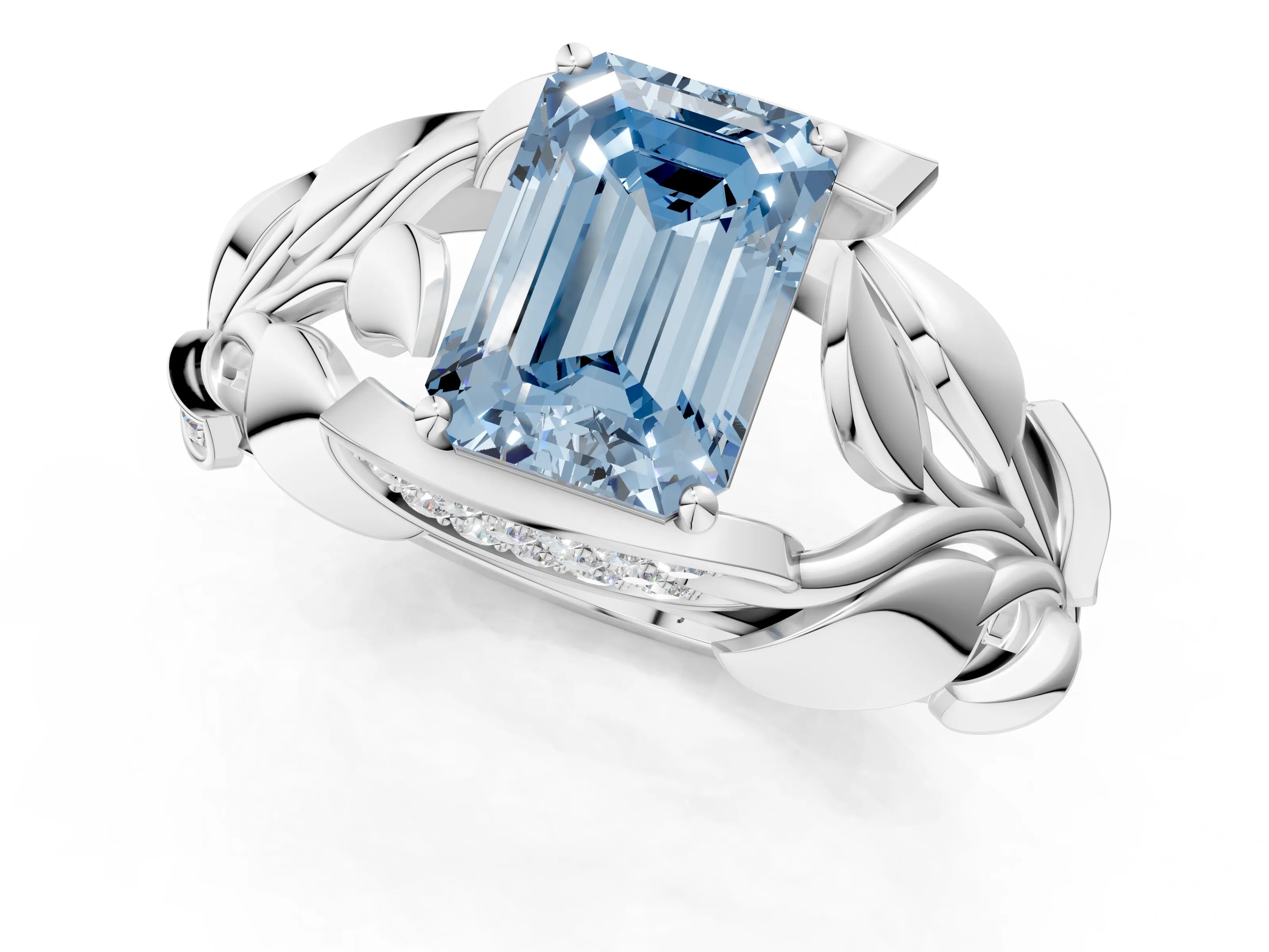 White gold Fancy Blue Emerald Cut Solitaire Leaf-Inspired Engagement Ring with Prong Setting_1