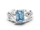 White gold Fancy Blue Emerald Cut Solitaire Leaf-Inspired Engagement Ring with Prong Setting_12