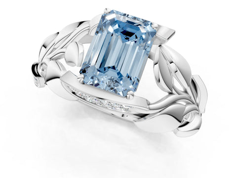 White gold Fancy Blue Emerald Cut Solitaire Leaf-Inspired Engagement Ring with Prong Setting_1