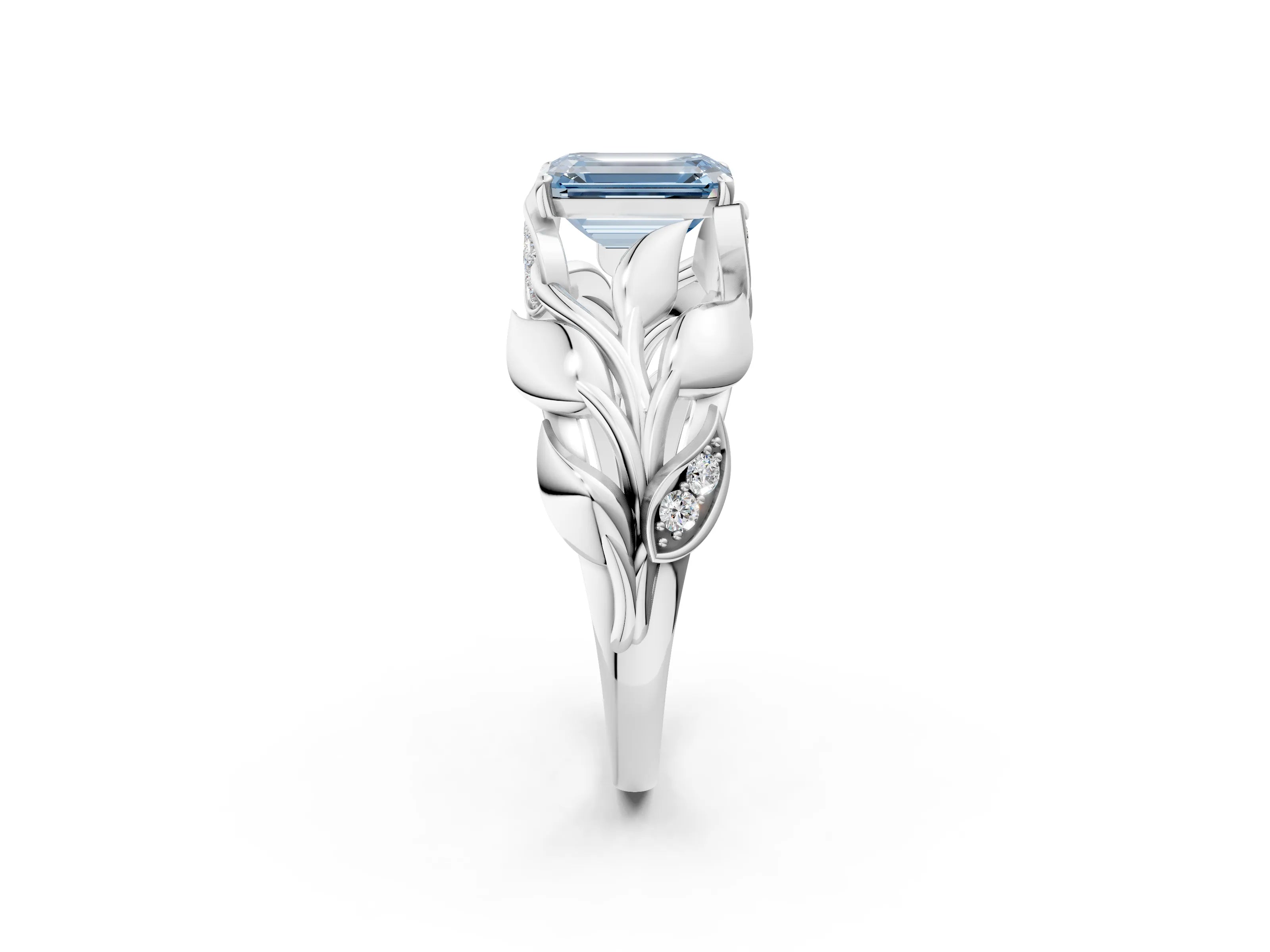 White gold Fancy Blue Emerald Cut Solitaire Leaf-Inspired Engagement Ring with Prong Setting_2