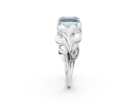 White gold Fancy Blue Emerald Cut Solitaire Leaf-Inspired Engagement Ring with Prong Setting_2