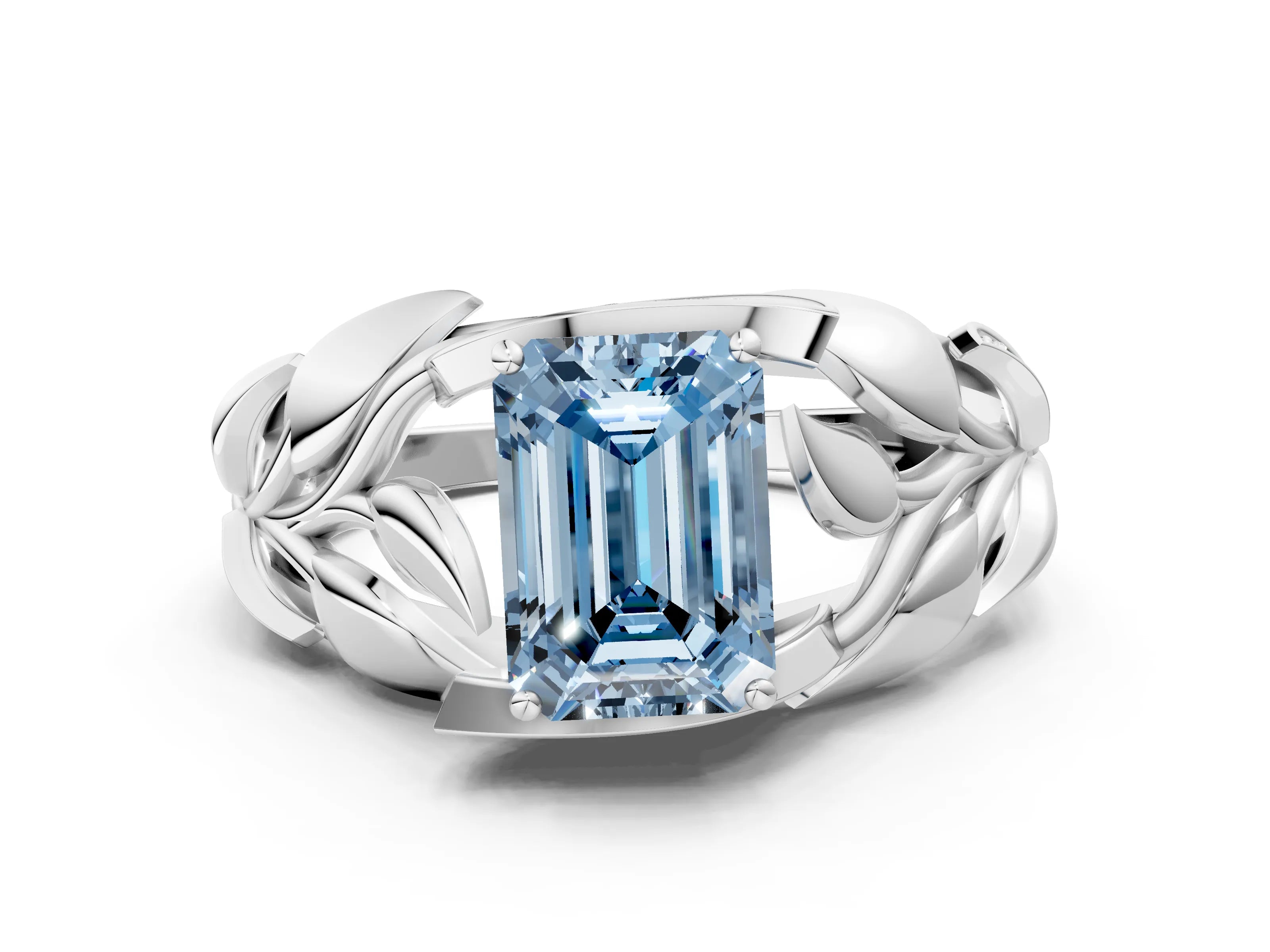 White gold Fancy Blue Emerald Cut Solitaire Leaf-Inspired Engagement Ring with Prong Setting