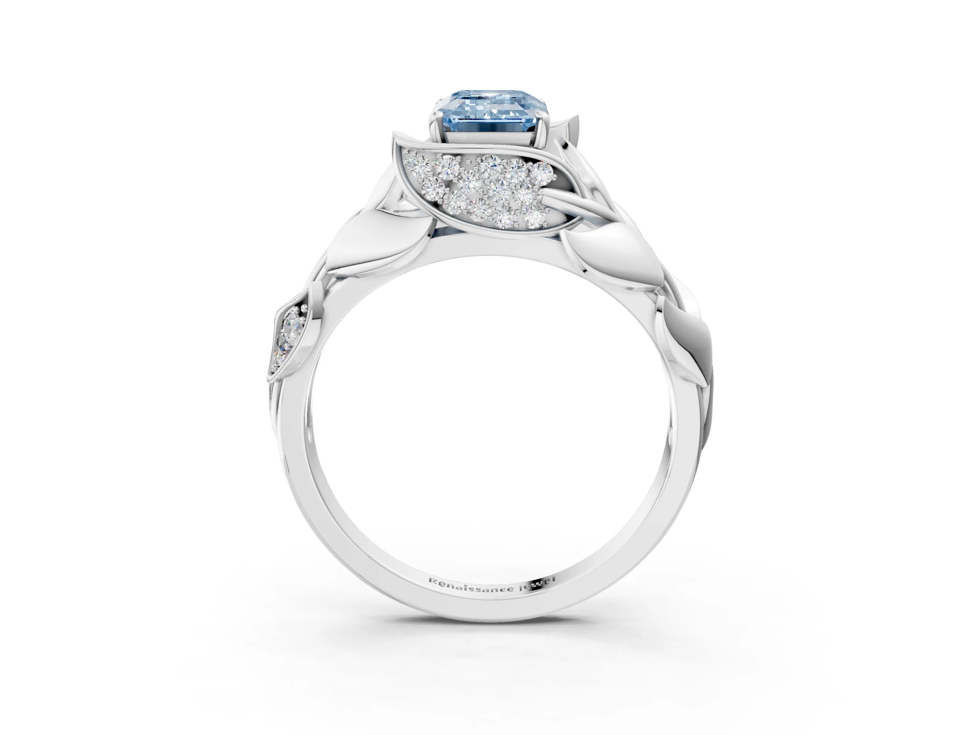 White gold Fancy Blue Emerald Cut Solitaire Leaf-Inspired Engagement Ring with Prong Setting_3