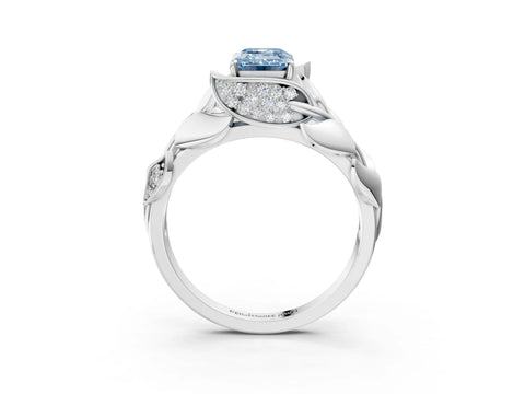 White gold Fancy Blue Emerald Cut Solitaire Leaf-Inspired Engagement Ring with Prong Setting_3
