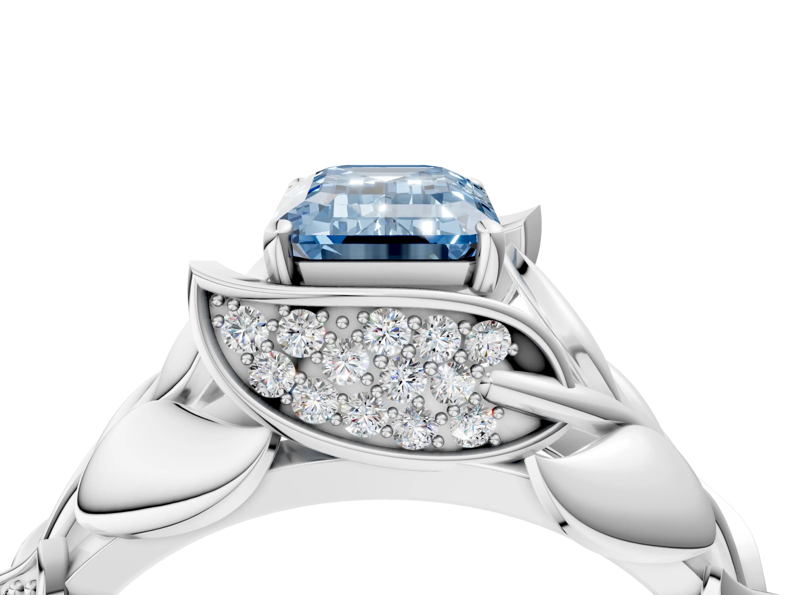 White gold Fancy Blue Emerald Cut Solitaire Leaf-Inspired Engagement Ring with Prong Setting_4