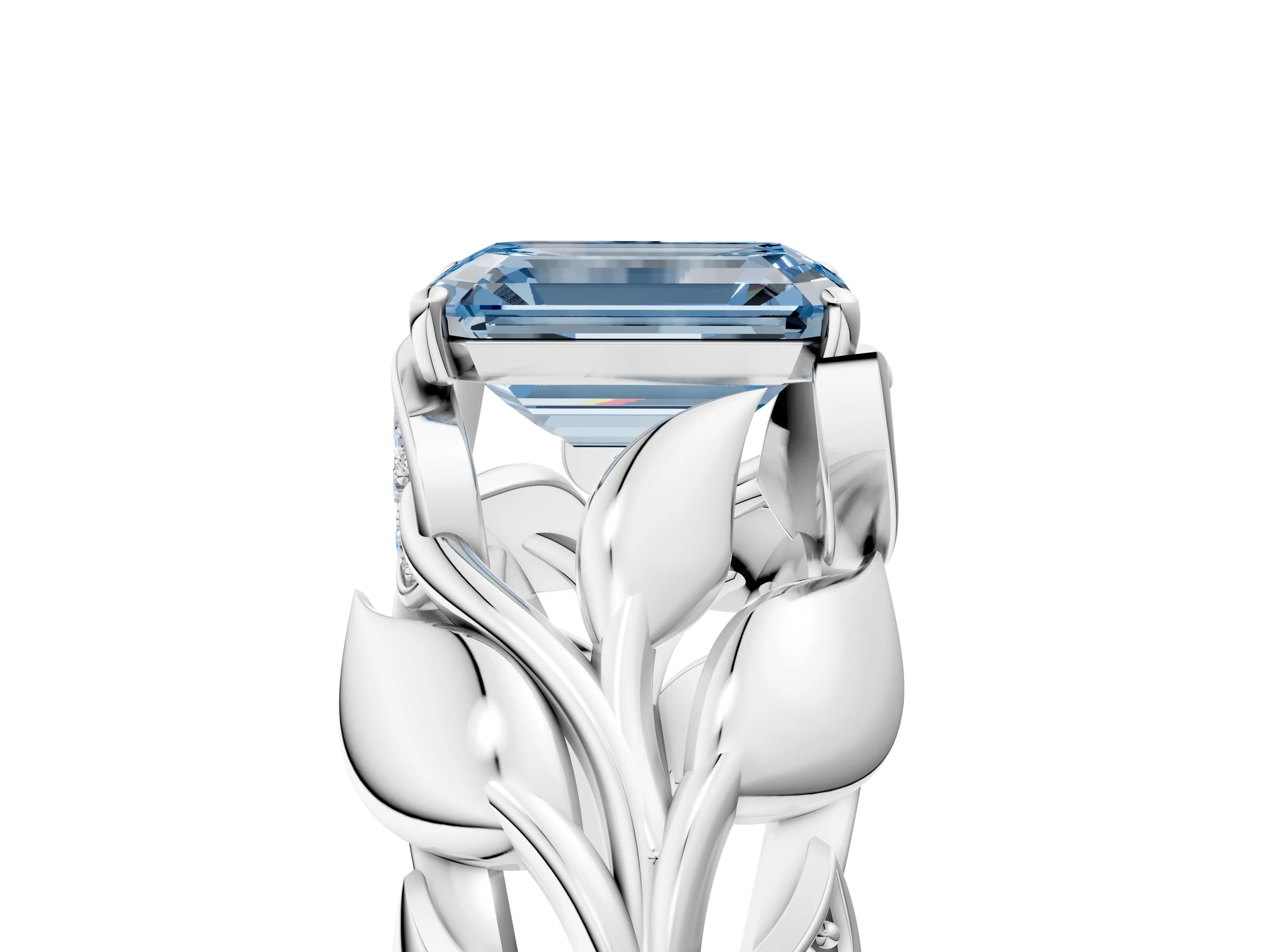 White gold Fancy Blue Emerald Cut Solitaire Leaf-Inspired Engagement Ring with Prong Setting_5