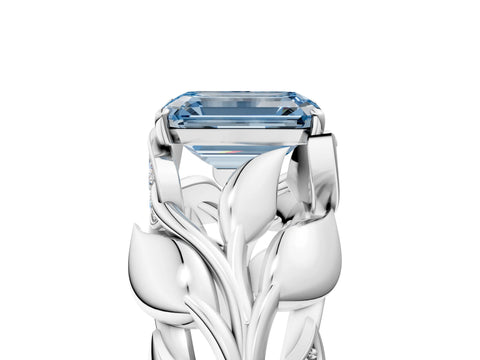 White gold Fancy Blue Emerald Cut Solitaire Leaf-Inspired Engagement Ring with Prong Setting_5