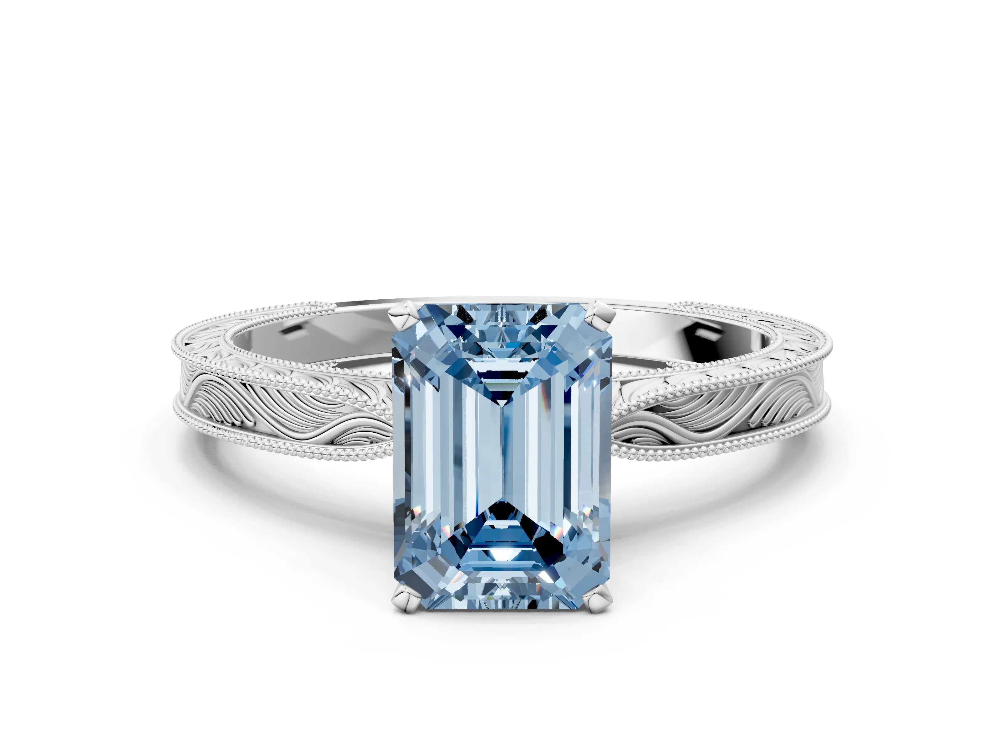 White gold Fancy Blue Emerald Cut Solitaire Milgrain Engraved Band with Four-Prong Setting_12