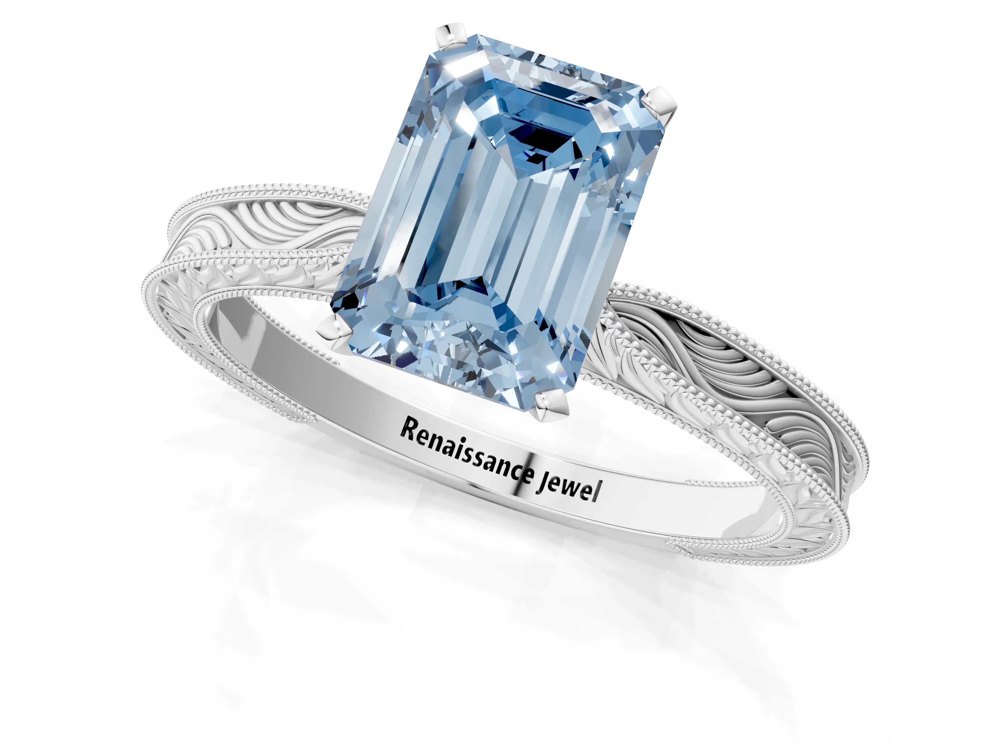 White gold Fancy Blue Emerald Cut Solitaire Milgrain Engraved Band with Four-Prong Setting_13