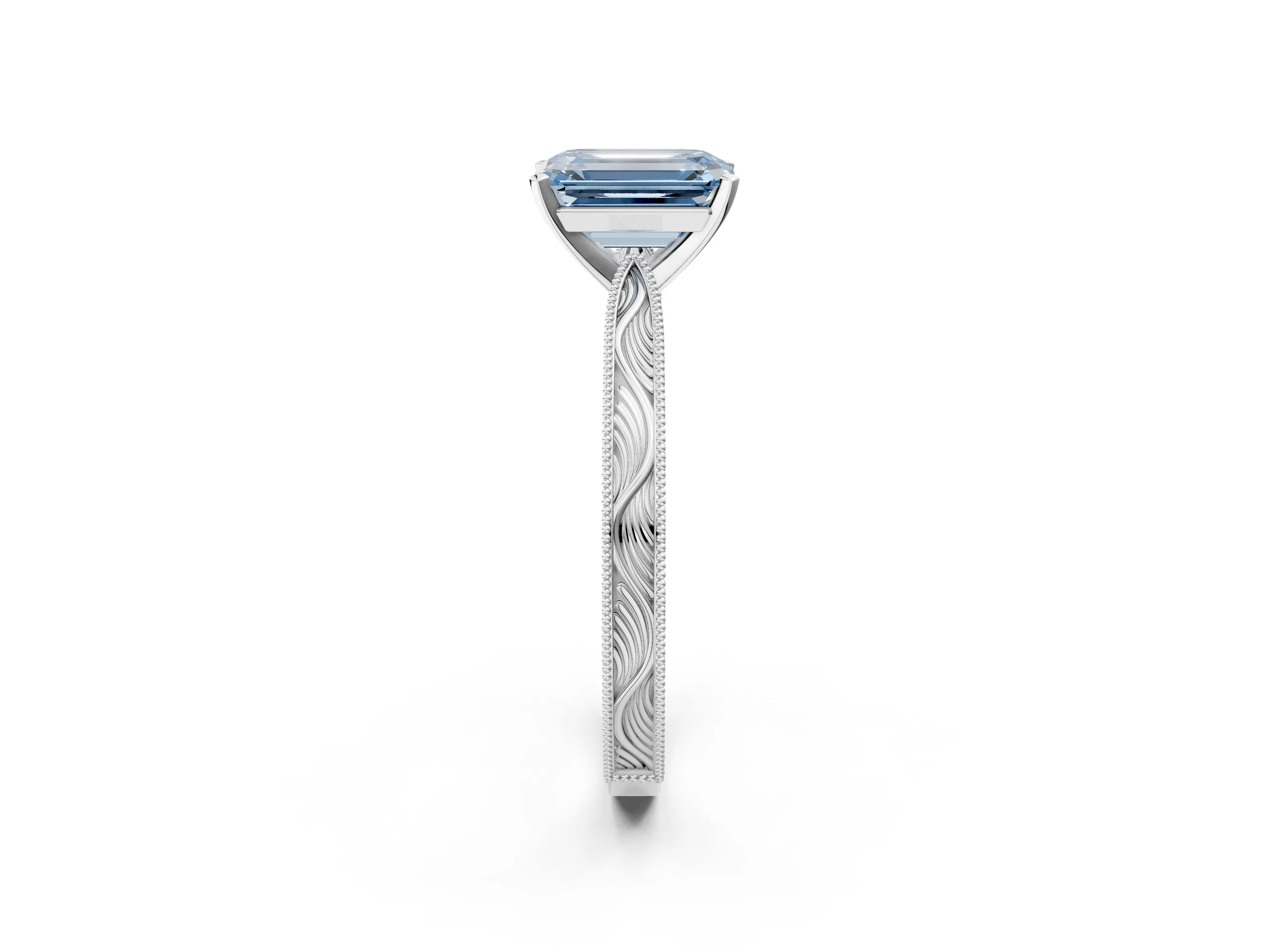 White gold Fancy Blue Emerald Cut Solitaire Milgrain Engraved Band with Four-Prong Setting_14