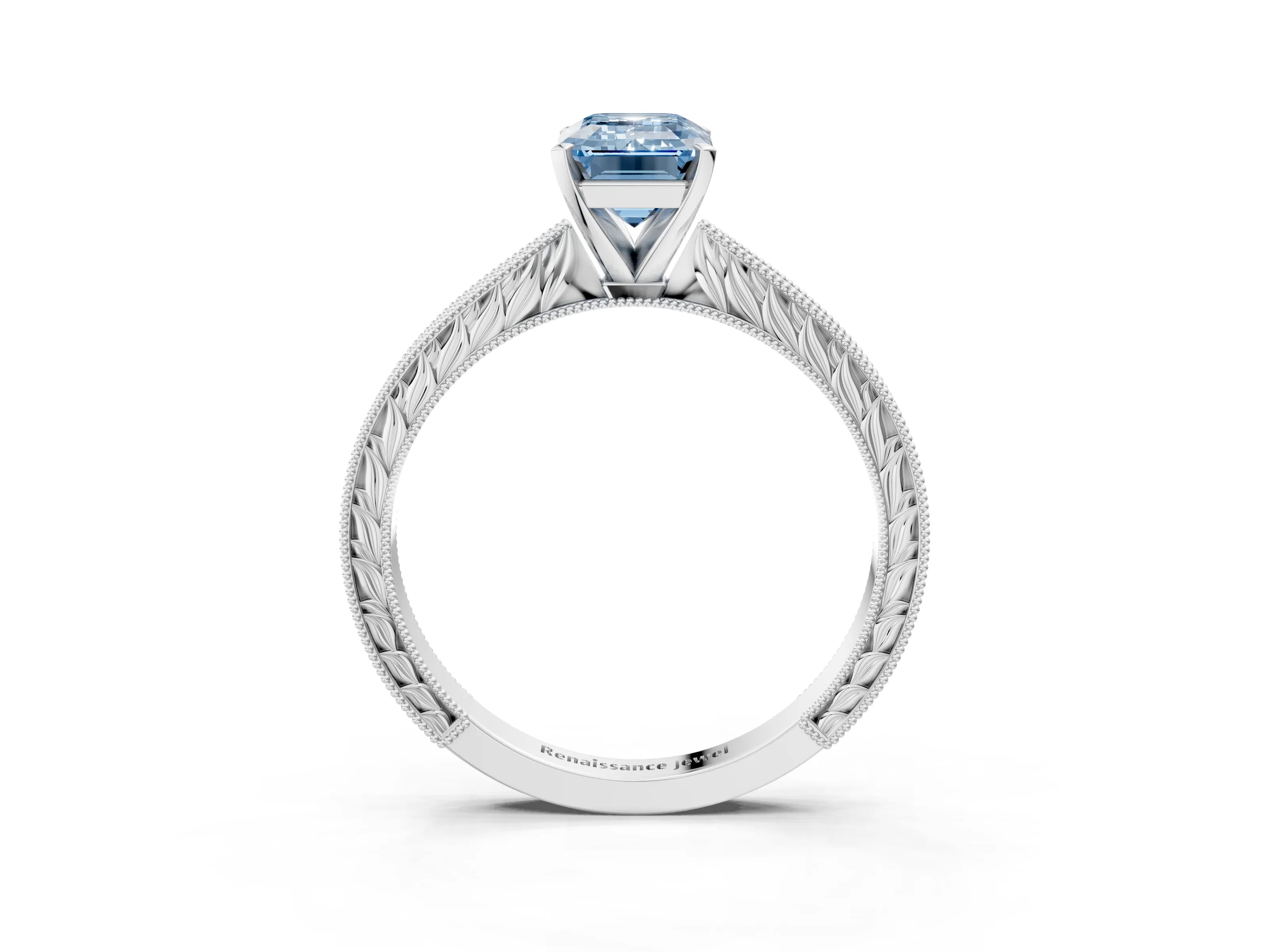 White gold Fancy Blue Emerald Cut Solitaire Milgrain Engraved Band with Four-Prong Setting_15